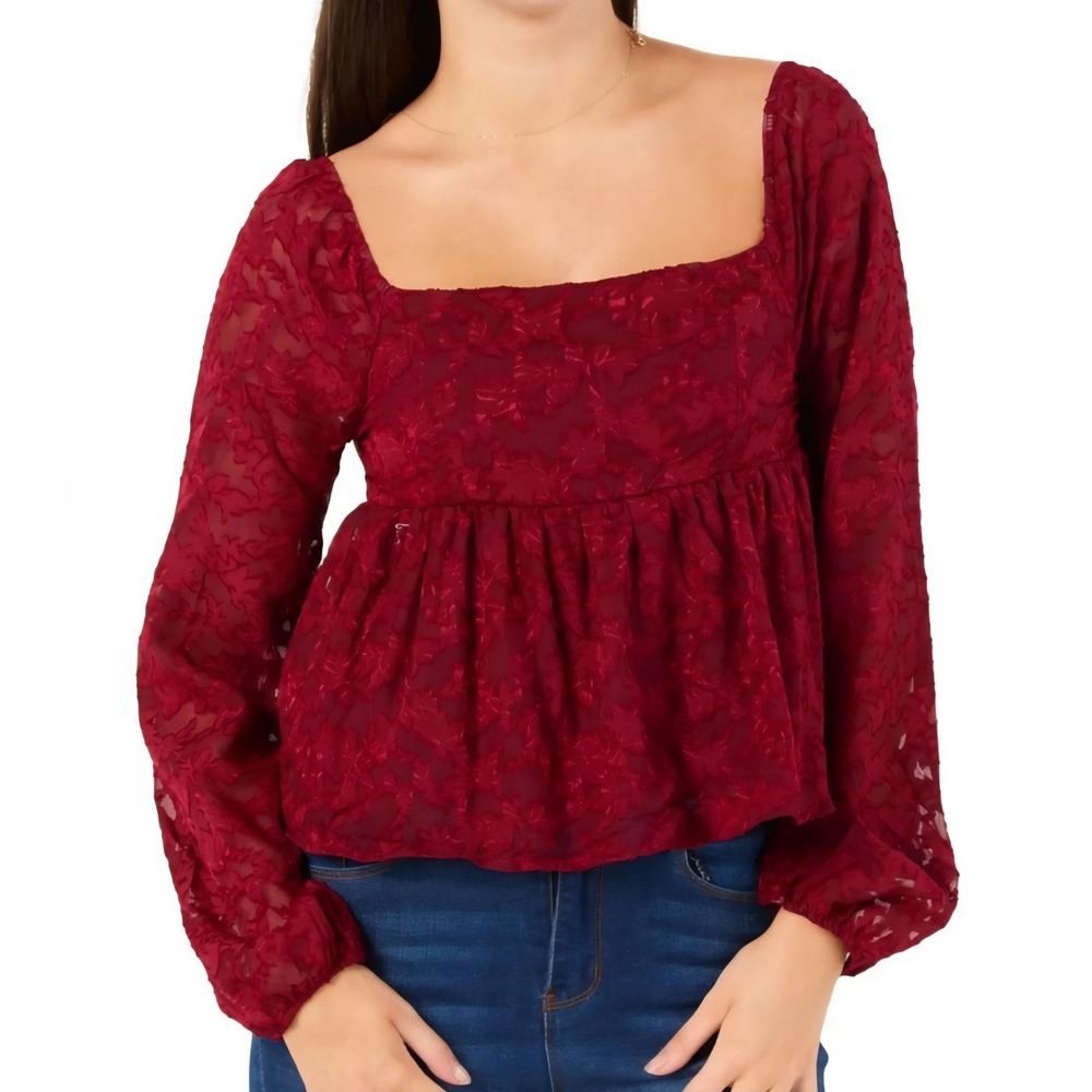 Discreet New York City Women's Red Wine Blouse Square neckline Long Sleeve...